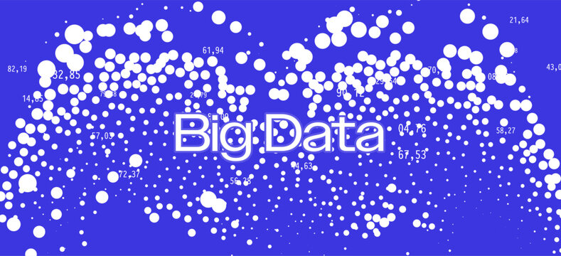 White glowing dots and numbers create a flowing cloud pattern on blue background. Conceptual vector illustration for big data analytics and digital visualization concepts.