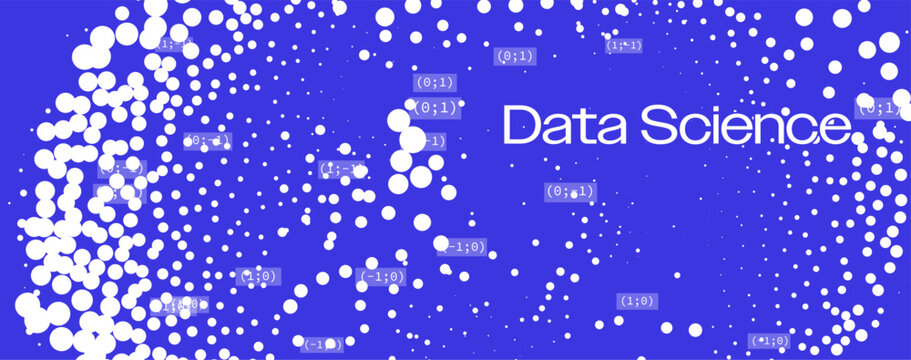White glowing dots and numbers create a flowing cloud pattern on blue background. Conceptual vector illustration for big data analytics and digital visualization concepts.