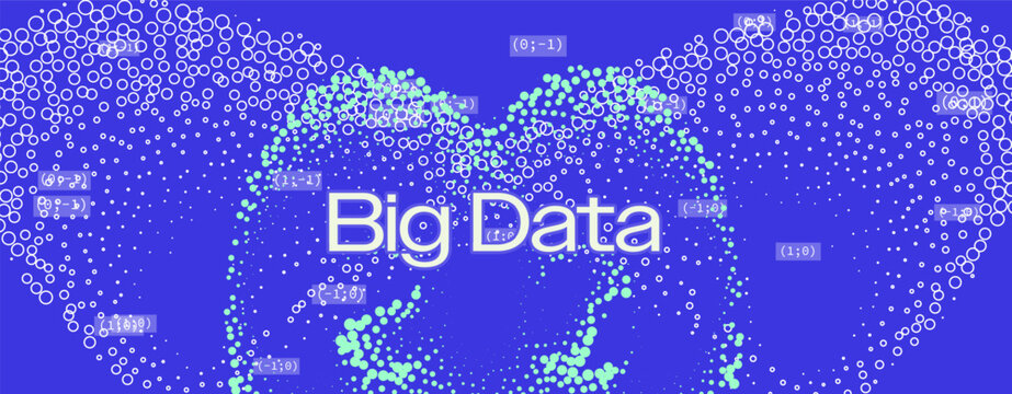 White glowing dots and numbers create a flowing cloud pattern on blue background. Conceptual vector illustration for big data analytics and digital visualization concepts.