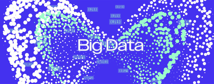 White glowing dots and numbers create a flowing cloud pattern on blue background. Conceptual vector illustration for big data analytics and digital visualization concepts.