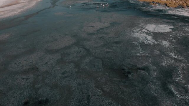 Aerial view of a salt lake in the Bolivian Altiplano, with pale mineral water and reflective surface. Minimalist landscape with soft tones and remote atmosphere.