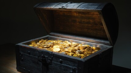 Treasure Chest Filled with Gold Coins Radiating Light in a Dark Setting for Adventure and Fantasy Themes