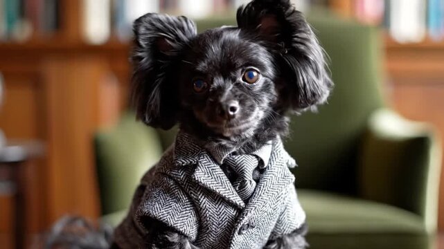 Black dog wearing a suit.