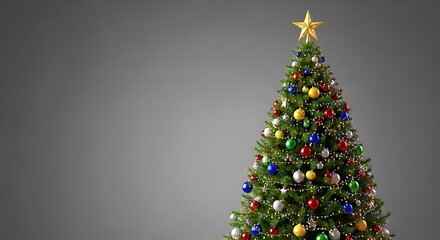 Obraz premium Festive Christmas Tree with Ornaments and Star Topper on Gray Background.