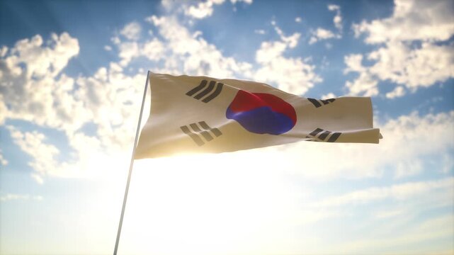 South Korea Flag Waving in Sunlight Against Blue Sky &ndash; Asian National Symbol
