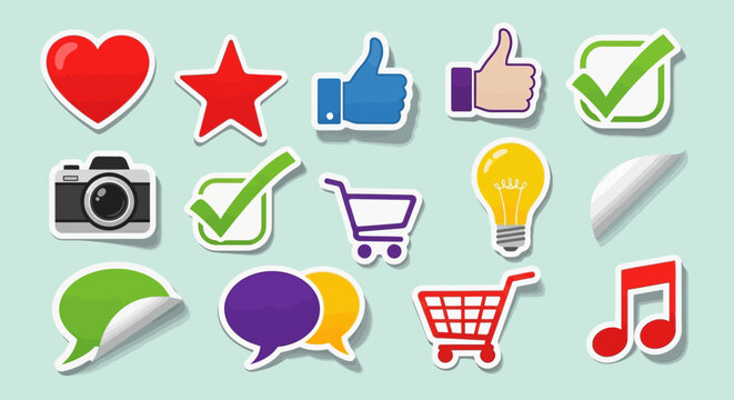 Set of colorful social media and web interface icons as stickers.