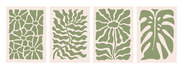 Abstract muted green leaf posters set. Trendy botanical wall arts with leaf design in danish pastel colors. Monochrome modern aesthetic. Decorative botanical elements. Vector naive art print