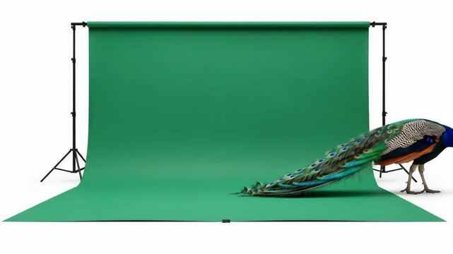 Peacock Posing on Green Screen Backdrop for Creative Projects.