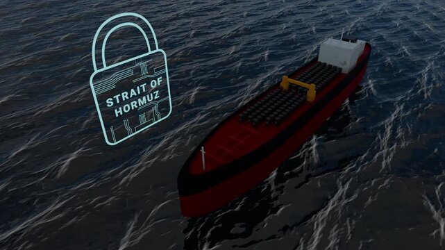 Oil Tanker at Sea with Digital Padlock Icon Representing Strait of Hormuz Blockade
