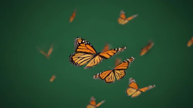 Monarch Butterflies Fluttering Gracefully Against a Green Backdrop.