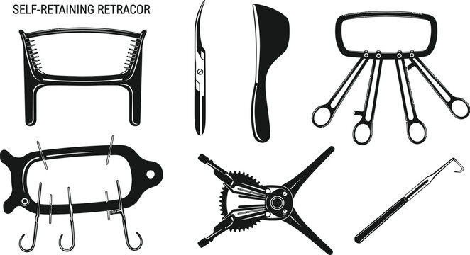 Assorted black and white surgical retractors, including self-retaining models, are displayed against a stark white background for medical illustration.