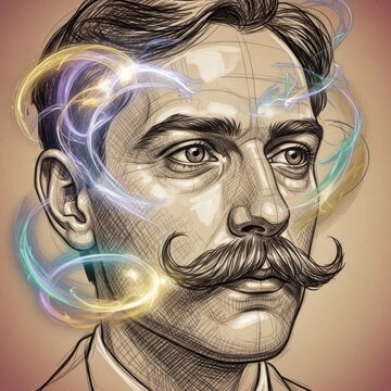 Portrait of a man with large mustache, lines, sketch, and colorful rings around his head