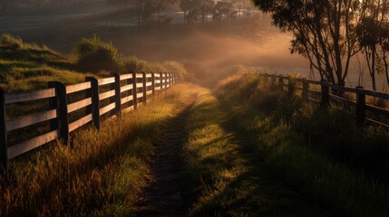 Fototapeta premium Serene Sunrise Landscape with Foggy Pathway and Wooden Fence in Tranquil Countryside Scenery