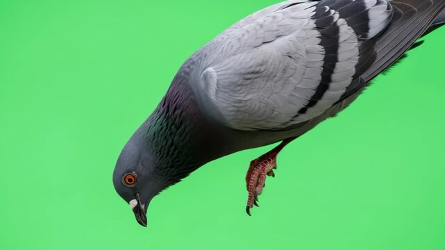 Close up of a pigeon with green screen background.