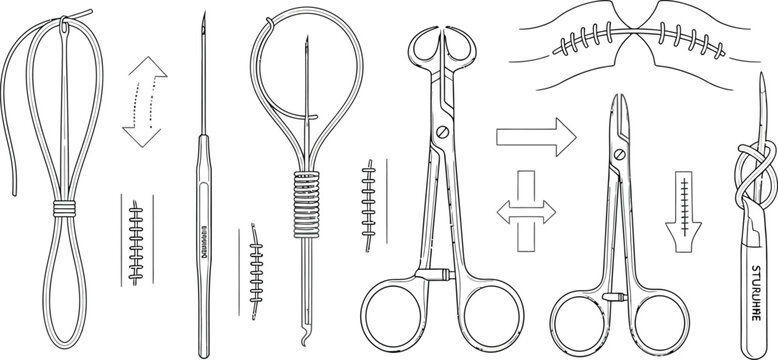 Surgical suture techniques and medical instruments are illustrated sequentially showing knot tying and tissue closure methods.