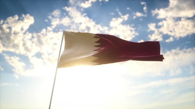 Qatar Flag Waving in Bright Sky with Sunlight &ndash; National Symbol of Gulf Identity and Middle Eastern Heritage