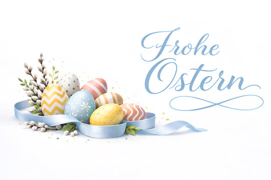 Easter greeting card with blue German text &ldquo;Frohe Ostern&rdquo;, pastel Easter eggs and willow branches on a white background with copy space.