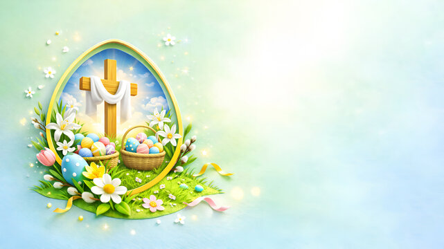 Easter banner with copy space: a Catholic cross with a white cloth, Easter baskets with colorful eggs, and spring flowers in an egg-shaped frame. 3D paper-cut style.