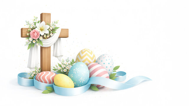 Festive Easter greeting card: a Catholic cross draped with a white cloth and white lilies, pastel Easter eggs on a white background with copy space. Easter cross in a minimalist 3D style.