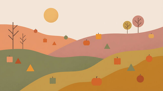 Minimalist autumn harvest landscape illustration with pumpkins on rolling hills