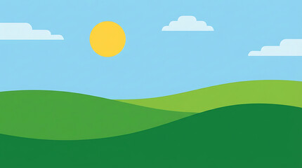 Fototapeta premium Simple minimalist flat vector illustration of green rolling hills and sunny sky