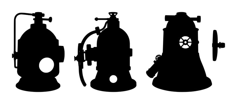 Vintage deep-sea diving bell set with solid black silhouette on white background featuring underwater exploration, maritime, nautical with historical and industrial design