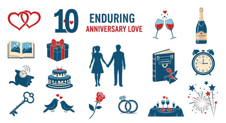 Fototapeta premium Elegant Illustrative Icons for Enduring Anniversary Love Set, Colored.