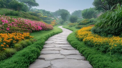 Obraz premium Serene Garden Pathway Through Vibrant Flower Beds and Lush Greenery on a Misty Morning in a Peaceful Landscape