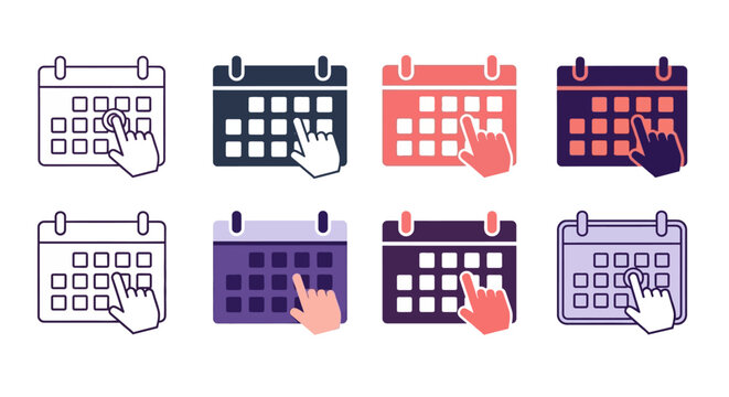 Modern calendar icons with clicking hand cursors, a versatile set for digital interfaces symbolizing event planning, appointment scheduling, and date selection functionality
