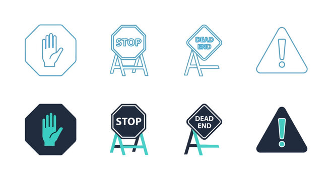 A versatile collection of modern road safety and hazard warning vector icons, featuring various stop signs, dead end indicators, and general 