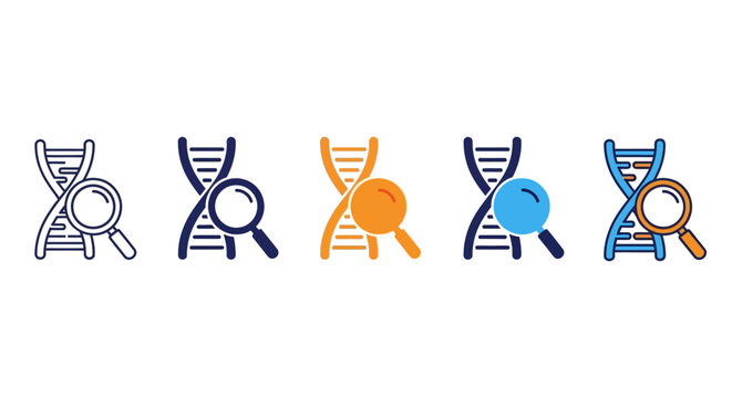 Diverse DNA Magnifying Glass Icons Exploring Genetics and Scientific Discovery with Precision