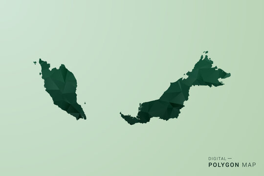 Malaysia Map - Green Polygon Style Vector Illustration, Low Poly Geometric Design with Clean Silhouette on soft green Background.