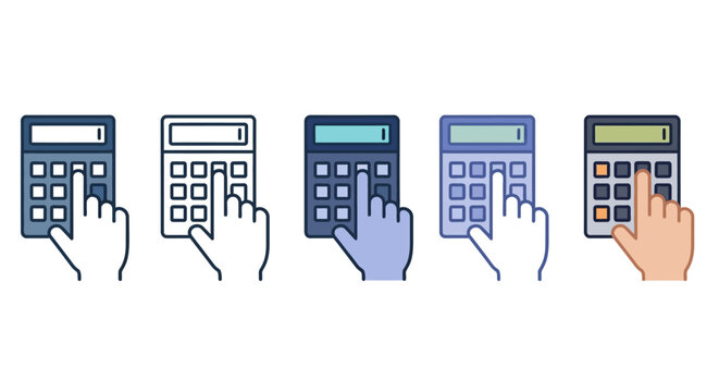 Collection of digital calculator icons with finger interaction, symbolizing financial calculations and data entry