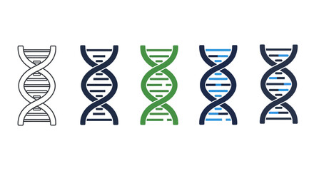 Diverse set of vector icons depicting the DNA double helix structure, symbolizing genetic information, biological research, and the fundamental code of life