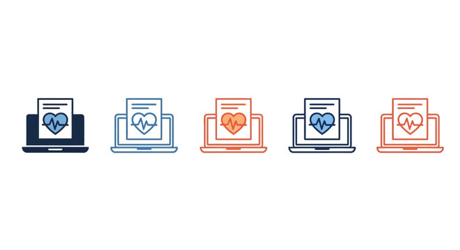 Vibrant icon set showcasing digital health reports on laptop screens, symbolizing electronic medical records, online healthcare services, and modern patient data accessibility