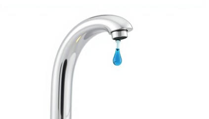 Shiny chrome water faucet with blue water drop isolated on pure white background plumbing concept
