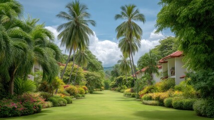 Fototapeta premium Lush Tropical Garden Path with Palm Trees and Colorful Flowers Under Blue Sky