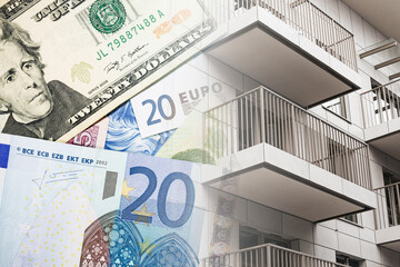 Apartment rent cost concept. Euro banknotes and dollar money with residential building balconies...