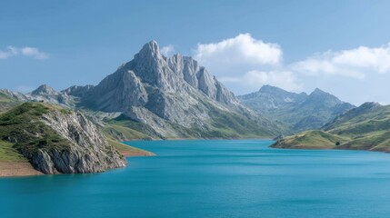 Fototapeta premium Serene Mountain Landscape with Clear Blue Water and Lush Green Hills Under a Bright Blue Sky