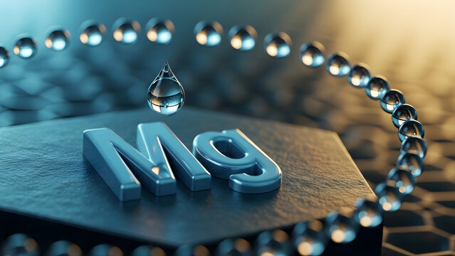 Crucial Magnesium (Mg) mineral depicted with a pristine water droplet, highlighting its significance in biochemical reactions and overall vitality