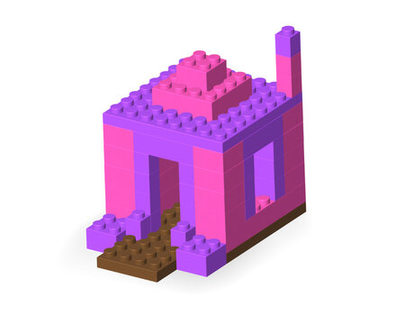 Pink and violet house made with realistic colored plastik constructor parts isolated on transparent background. 3D rendered vector PNG