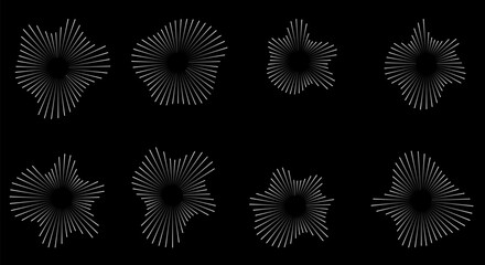 Sound waves in circular forms, linked with audio music, white round voice icons, logos for equalizers, radial spectrums, rings. Flat vector illustrations isolated
