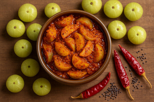 Home made sour hot and spicy gooseberry or amla pickle stock photo 