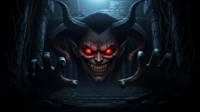 Horned demon face with glowing red eyes, reaching from darkness of aged ruins