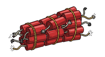 Cartoon illustration of a bundle of red dynamite sticks with fuses © Tujuenam