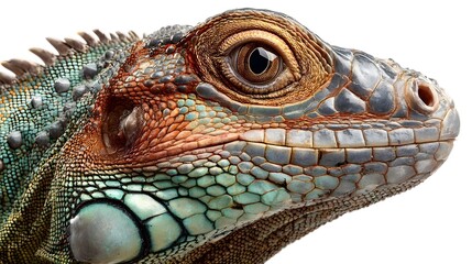Fototapeta premium Close-up Portrait of a Green Iguana Reptile Head with Detailed Scales.