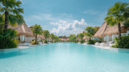 Obraz premium Serene Tropical Resort Pool Surrounded by Lush Palm Trees and Thatched Roof Villas Under Clear Blue Sky