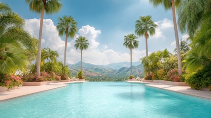 Fototapeta premium Tranquil Pool with Palm Trees and Scenic Mountain View Under a Bright Blue Sky in a Tropical Paradise