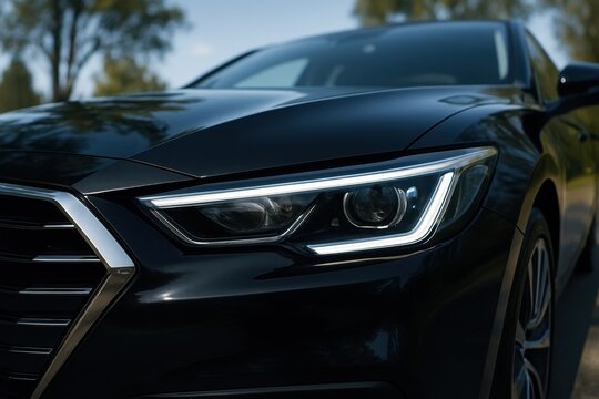 Sleek Modern Black Car Headlight and Grille Close-up