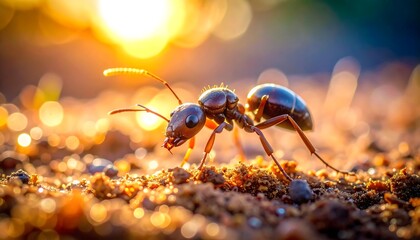 Close-up of an ant on the ground with sunlight.
